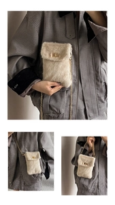Detail of plush cream mini bag featuring gold twist lock and fine metal chain strap