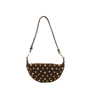 Dark brown suede crescent bag with gold metal rivets and bohemian shoulder strap style