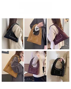 Detailed views of studded bohemian shoulder bags in black, brown and burgundy finishes