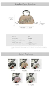 Size chart for rhinestone evening bag showing dimensions 21.5x12x6cm and chain strap details