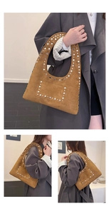 Detail view of brown suede shoulder bag with metallic rivets and unique U-shaped design