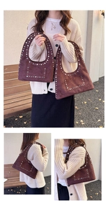Detail view of brown suede shoulder bag with silver stud accents and soft matte finish