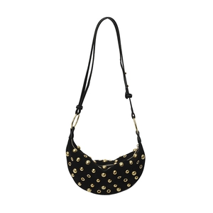 Women Suede Crescent Bag With Gold Studs And Grommets Retro Punk Style Half Moon Shoulder Bag Adjustable Crossbody Bag Fashion Handbag