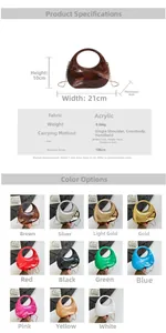 Detailed size specifications and color options for acrylic half-moon clutch bag