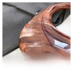 Detailed close-up of acrylic material showing amber tortoiseshell texture on women's bag