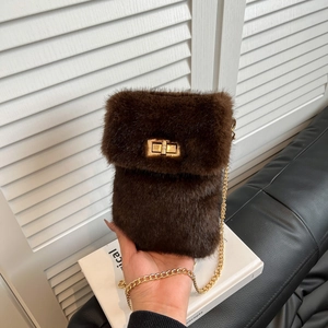 Crossbody Phone Bag Faux Fur Plush Metal Chain Turn Lock Square Mini Solid Color Winter Autumn Retro Elegant For Women