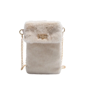 Chic beige plush crossbody bag with a gold chain strap and metal lock closure
