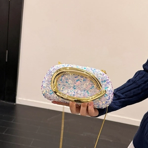 Sac de soirée à paillettes irisées avec poignée anneau dorée et bandoulière chaîne