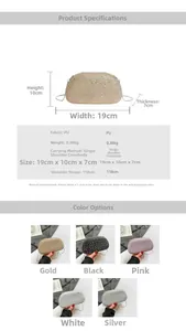 Detailed size specifications and five color variants of the rhinestone evening clutch bag