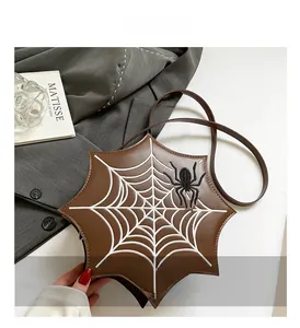 Macro shot of spider web embroidery and 3D spider detail on dark brown PU leather bag