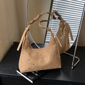 Women Vintage Suede Underarm Bag Frosted Leather Gold Rivets Diamond Pattern Adjustable Strap Bow Retro Shoulder Bag