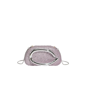 Pochette de soirée en strass rose avec poignée ronde argentée et bandoulière chaîne