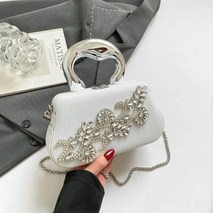 Women Evening Bag Glitter Rhinestone Flower Clutch Handbag With Metallic Handle And Chain Strap For Party Wedding