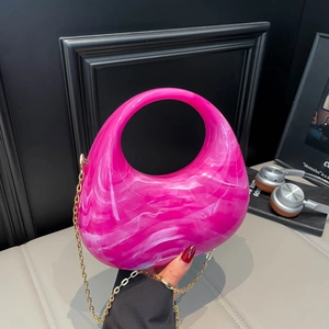 Women Crescent Acrylic Handbag Marble Pattern Resin Evening Clutch Detachable Gold Chain Shoulder Crossbody Bag