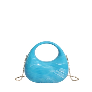 Blue marble texture acrylic crescent evening bag with elegant gold chain strap