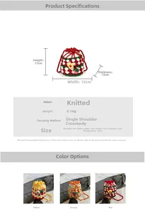 Detailed size specifications for handmade knit bucket bag with floral checkerboard pattern