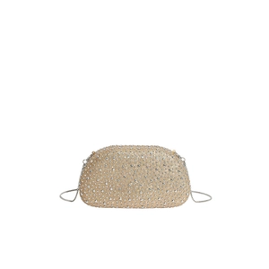 Champagne gold rhinestone evening clutch bag with elegant silver chain strap