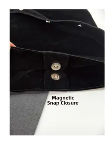 Detail shot of the magnetic snap closure on a black suede tassel bucket bag