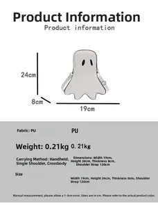 Detailed size specifications and features of the white ghost-shaped PU leather crossbody bag