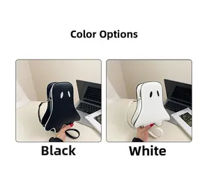 Detailed comparison of black and white cartoon ghost cross-body bags with PU leather finish