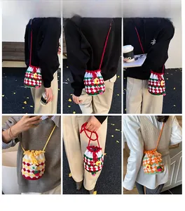 Collage of handmade crochet bucket bags with 3D strawberry charms and floral patterns