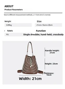 Brown bucket bag dimensions 21x16x23cm with silver studs and multiple carrying styles