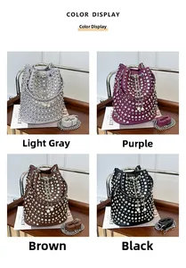 Detailed color display of rivet bucket bags in light grey, purple, brown and black