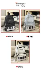 Detailed color display of star-charm backpacks in black, blue, and white piano patterns