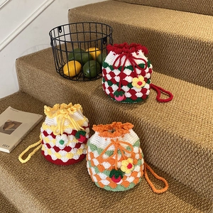 Knitted Crochet Bucket Bag Yarn Drawstring Shoulder Crossbody Handbag With Flower Strawberry Charms Sweet Girly Style