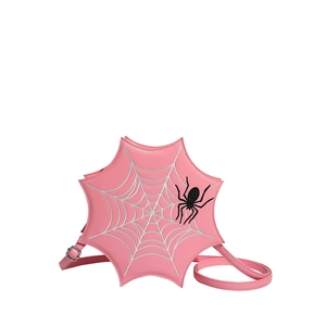 Pink spider web crossbody bag with silver embroidery and a black spider for Halloween