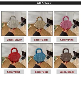 Detail view of mini acrylic bags in six metallic colors with chain straps and handles
