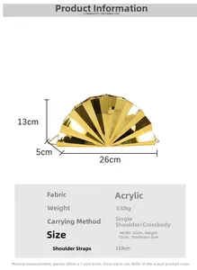 Detail view of golden fan-shaped acrylic clutch bag showing 26x13x5cm size and long chain