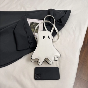 Ghost-shaped mini white PU leather crossbody bag with wave edges and slim shoulder strap