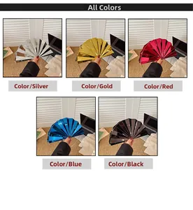 Five metallic fan-shaped evening clutch bags in silver gold red blue and gun black