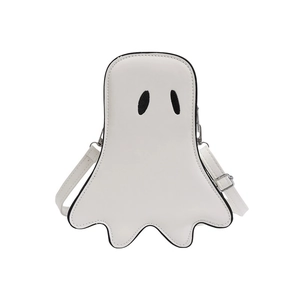 Ghost shaped crossbody bag in white PU leather with black embroidered eyes and strap