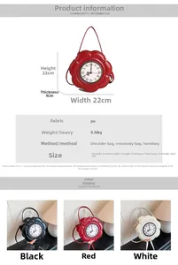 Detail view of flower-shaped clock handbag showing PU texture and size measurements