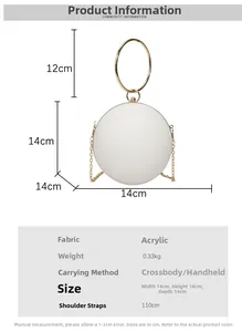 Size specifications for acrylic sphere handbag with 14cm diameter and metal handle