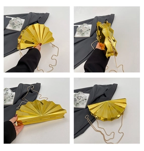 Detailed four-way views of a fan-shaped golden evening clutch with metallic mirror finish