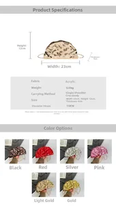 Macro view of metallic acrylic dumpling clutch bag with chain strap and size dimensions