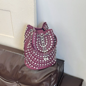 Women Rivet Rhinestone Bucket Bag PU Leather Artificial Pearl Chain Drawstring Fashion Handbag Shoulder Crossbody Purse