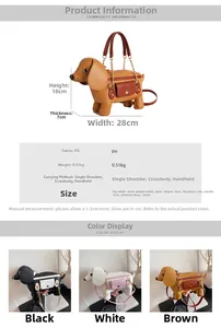 Detailed view of puppy shoulder bag specifications, dimensions and three color options