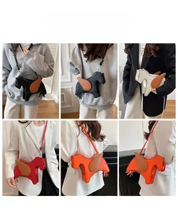 Lifestyle views of horse-shaped crossbody bags in black, white, red, and orange colors