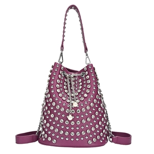 Deep purple studded bucket bag with sparkling rhinestones and pearl chain details