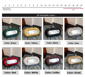 Detail view of oval mirror box bags in eight colors with golden chains and 20cm scale