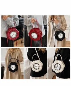 Collage of model wearing vintage clock-shaped handbags in red, black, and white colors
