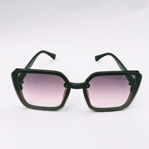 Detail view of square black frames with purple gradient lenses and model specs K03350