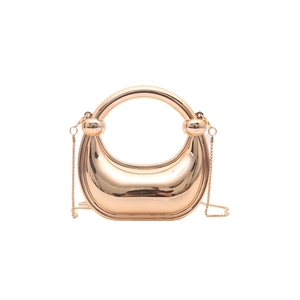 Modern gold mirror crescent moon clutch with round metal handle and elegant crossbody chain