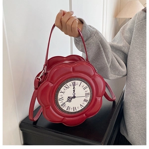 Close-up of red flower clock handbag with Roman numerals and glossy PU leather finish