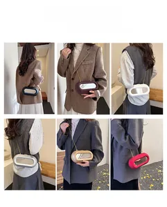 Collage of capsule shaped acrylic bags in multiple colors with gold chain straps