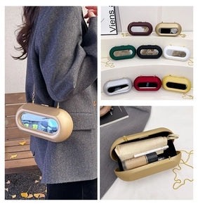 Three-frame view of oval mirror evening bag showing storage space and multi-color options